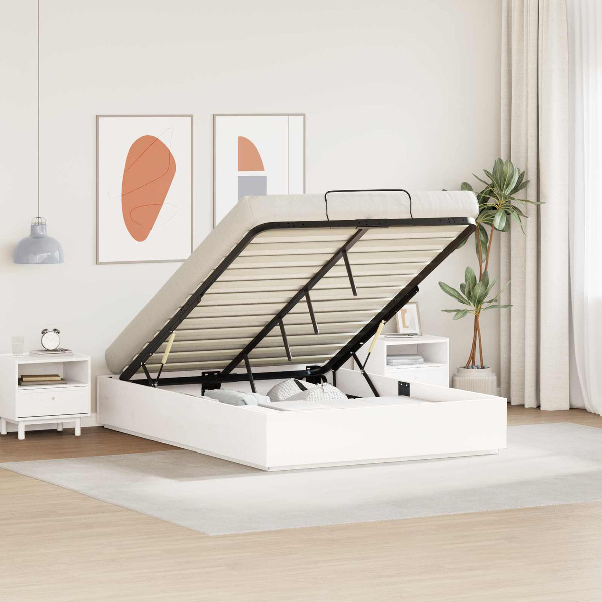 Ottoman Sengeramme Med Lagring Hvit 140 X 200 Cm Massiv Furu