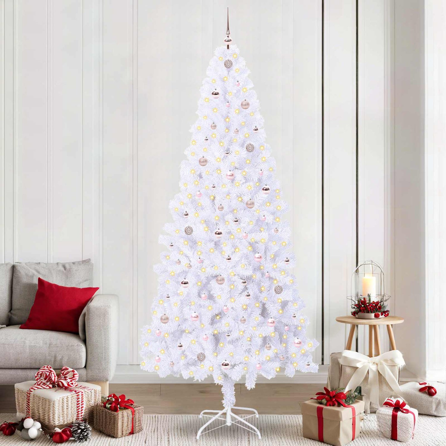 Kunstig Juletre Med 300 Led Med Stativ Hvit 240 Cm Pvc Og Stål