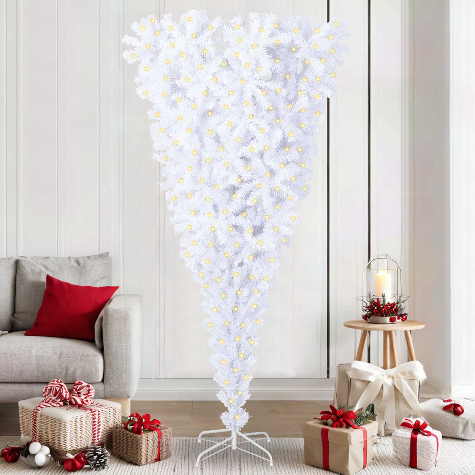 Kunstig Juletre Med 300 Led Med Stativ Hvit 210 Cm Pvc Og Stål