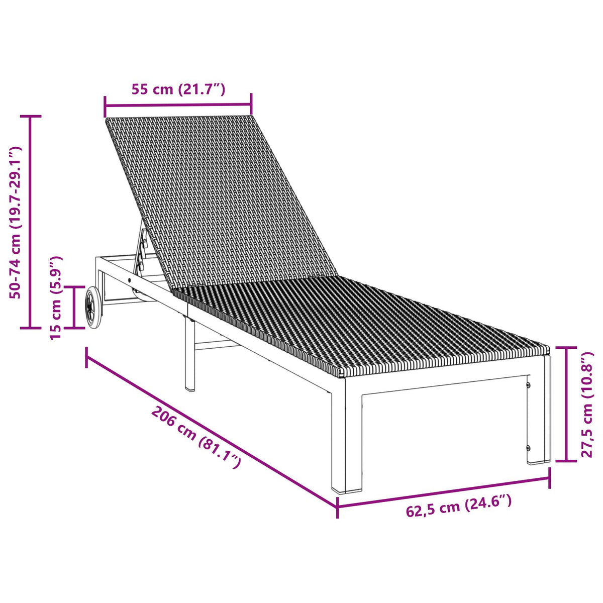 Solseng Med Hjul Svart Poly Rattan
