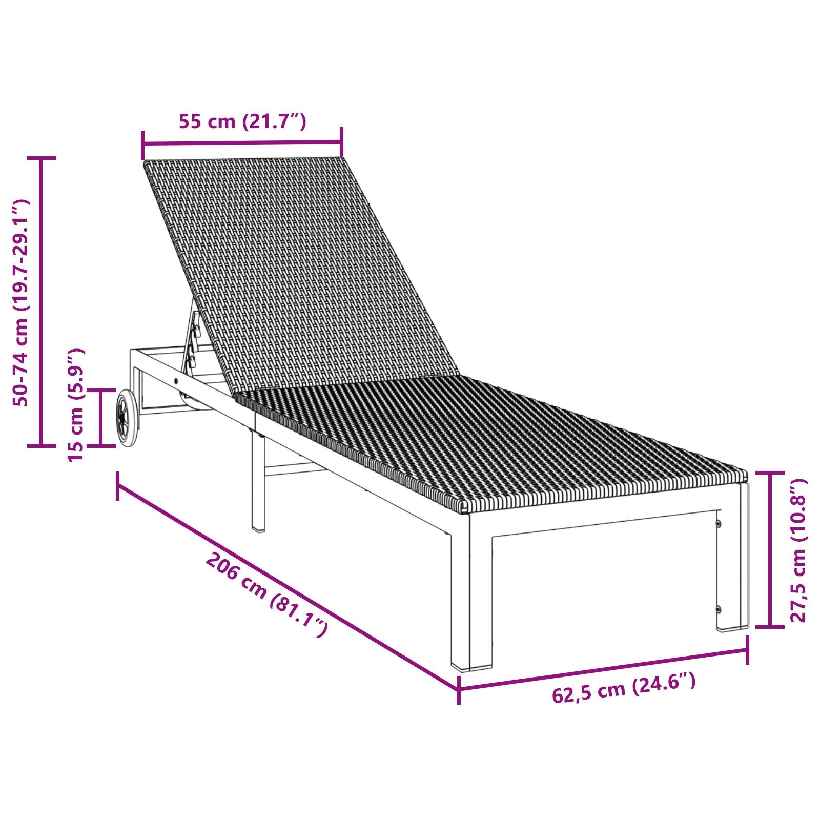 Solseng Med Hjul Svart Poly Rattan