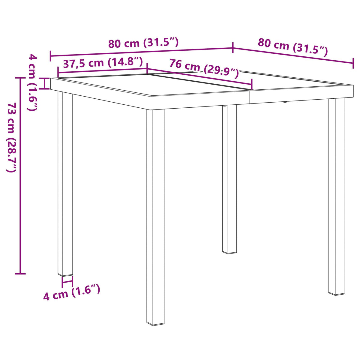 Hagebord Svart 80X80X73 Cm Herdet Glass