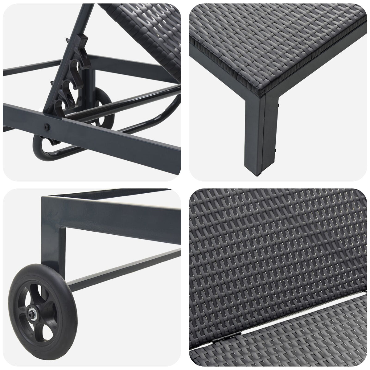 Solseng Med Hjul Svart Poly Rattan