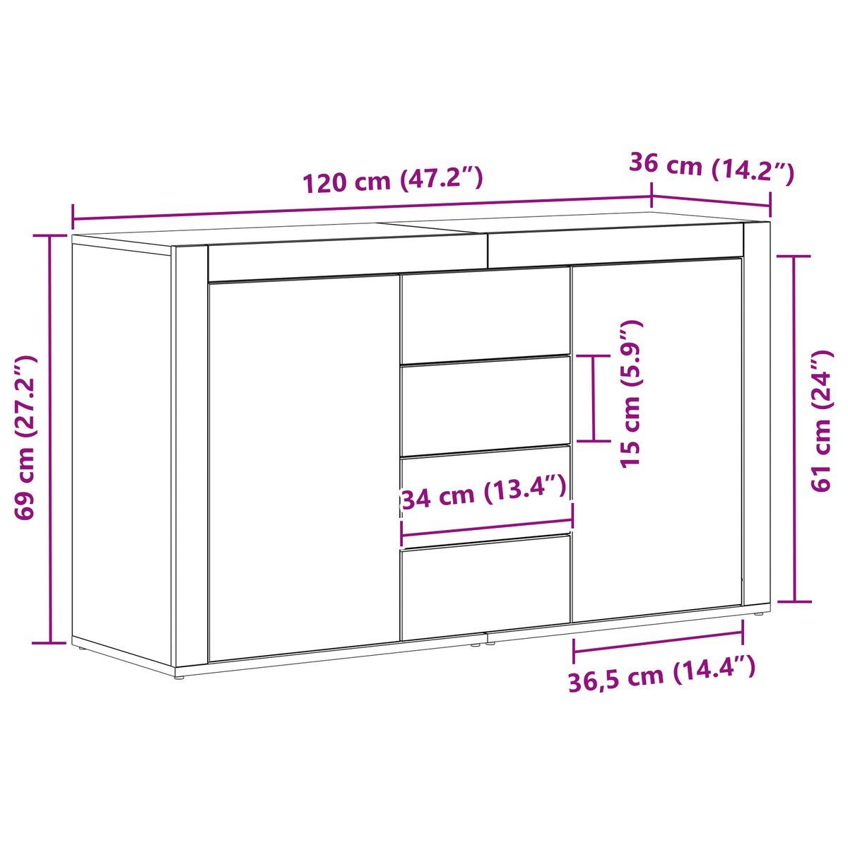 Serviesskap Med Skuff Hvit 120 X 36 X 69 Cm Konstruert Tre