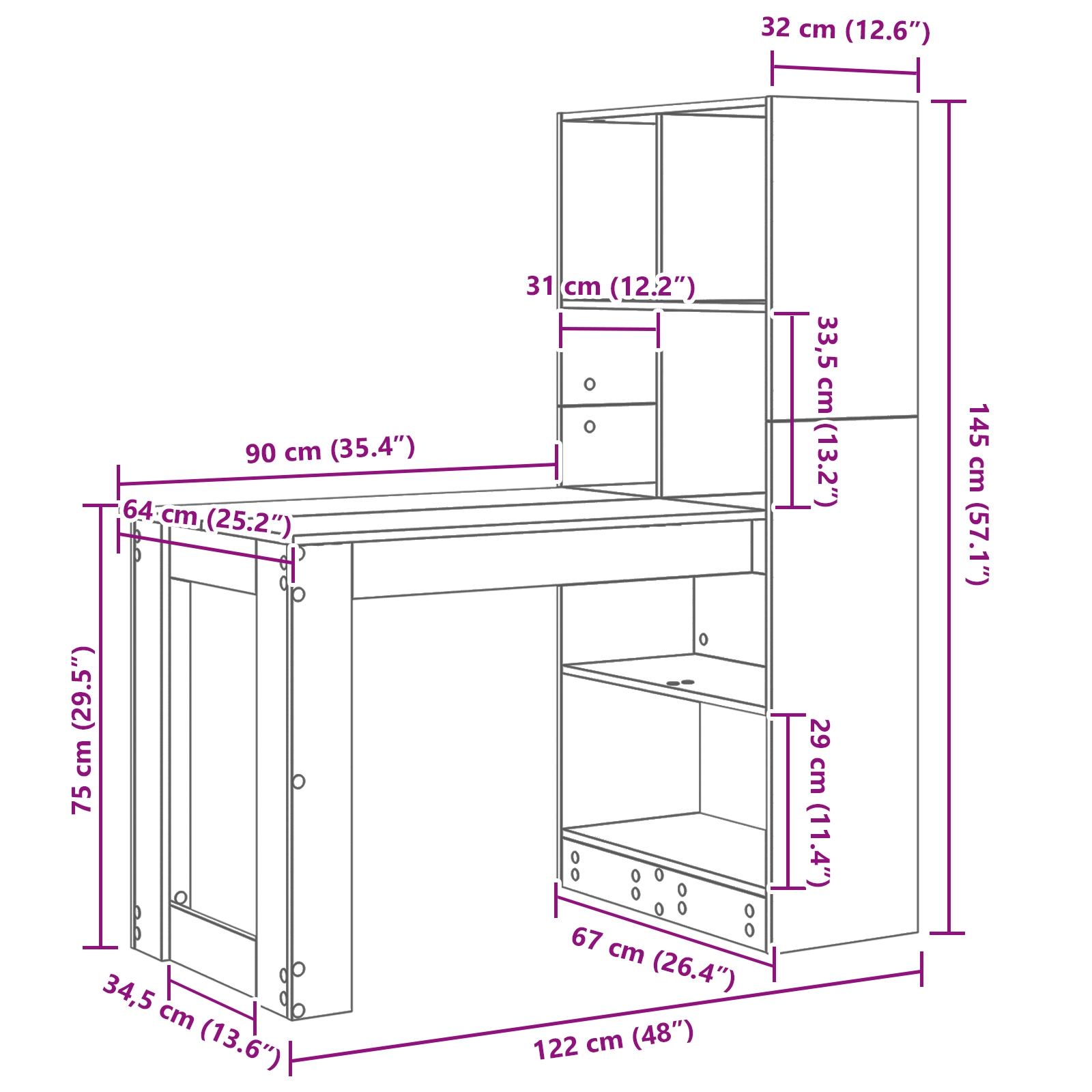 Skrivebord Med Hylle Hvit 122 X 67 X 145 Cm Konstruert Tre