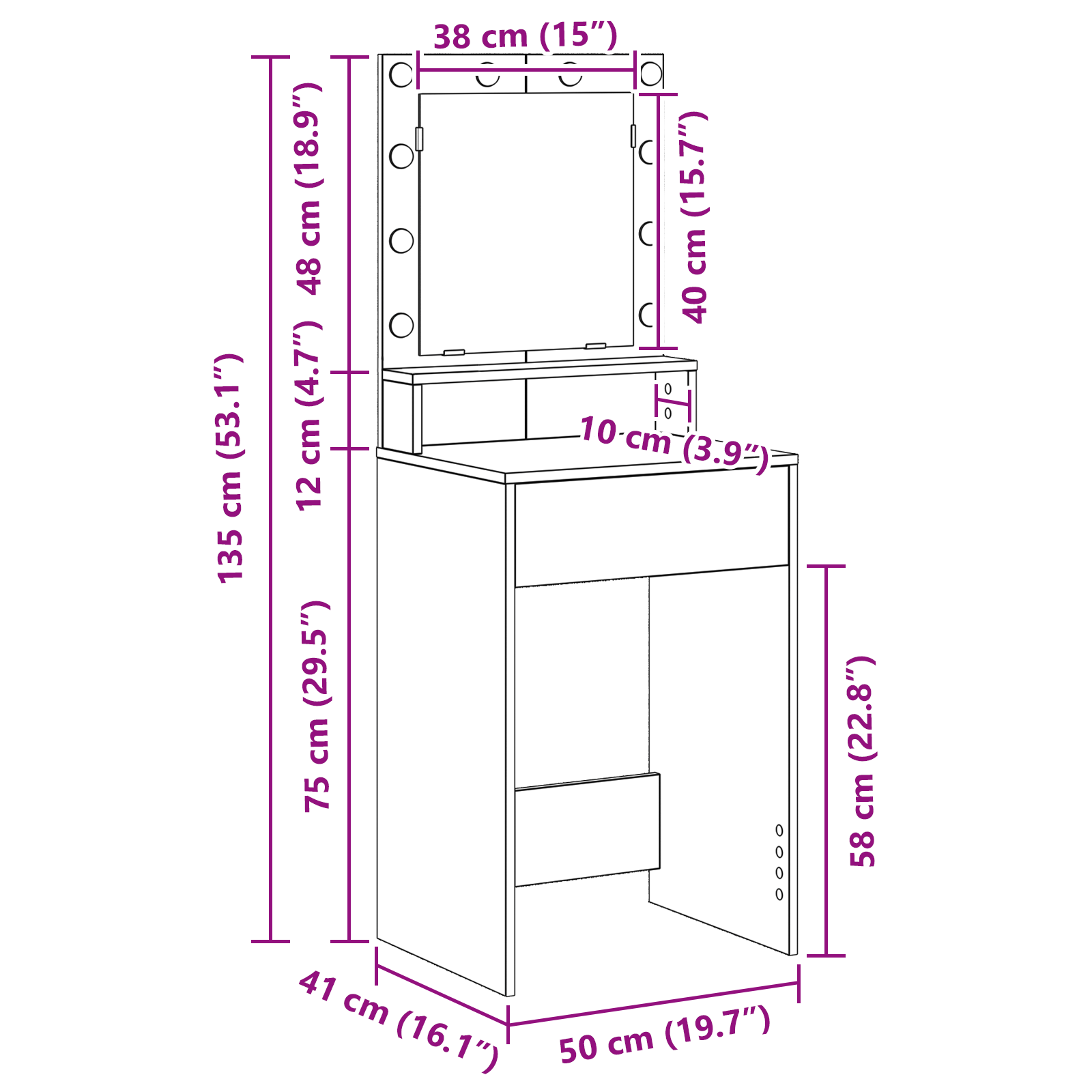 Sminkebord Med Speillys Hvit 50 X 41 X 135 Cm Konstruert Tre
