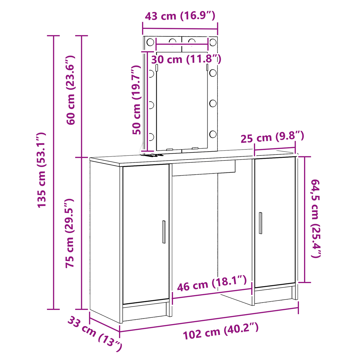Sminkebord Med Speillys Hvit 102 X 33 X 135 Cm Konstruert Tre