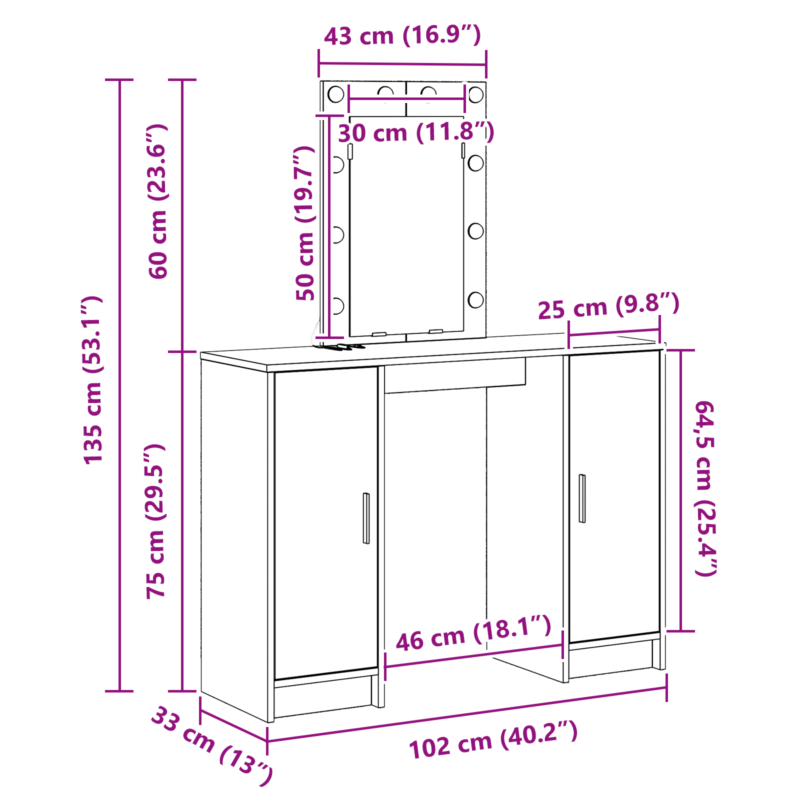Sminkebord Med Speillys Hvit 102 X 33 X 135 Cm Konstruert Tre