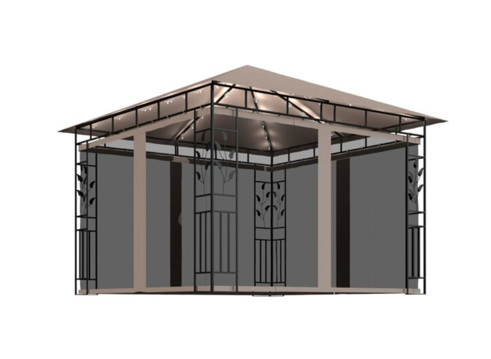 Paviljong med myggnett og LED-lysslynge 4x3x2,73 m gråbrun