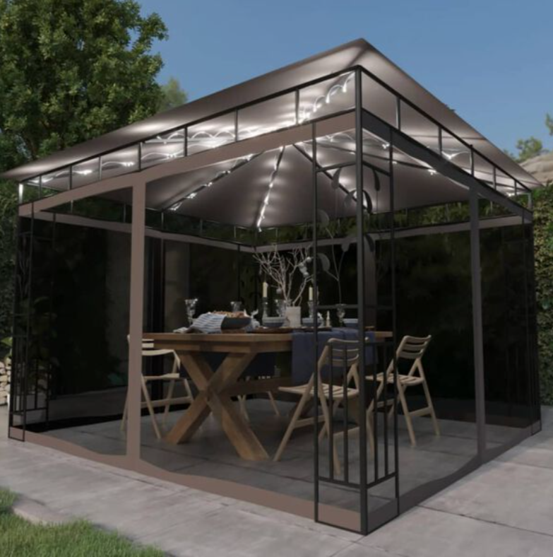 Paviljong med myggnett og LED-lysslynge 4x3x2,73 m gråbrun