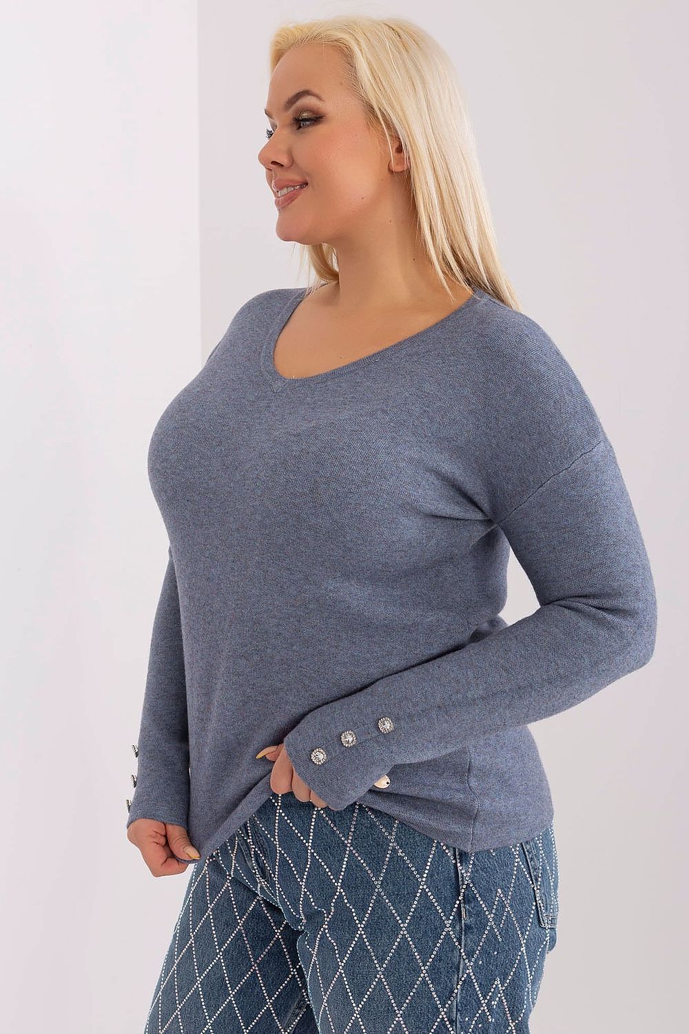 Elegant damegenser med V-hals - plus size FP til dame fra MS StyleHaven, størrelse 2XL/3XL, med long, bukselengde long, kjolelengde mini, kjolestil wrap; a-line