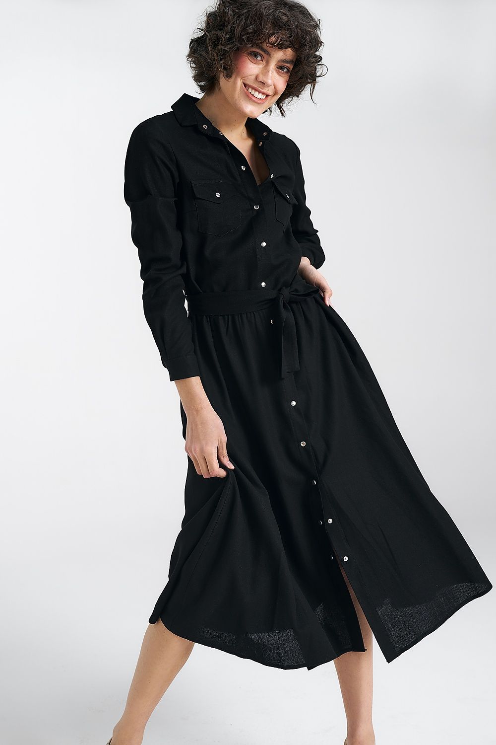 Dagskjole Nife til dame fra MS StyleHaven, laget av Viskose; Lin; Bomull, farge Svart, størrelse 36, med long ermer, midi lengde, kjolestil a-line, perfekt til casual; dress