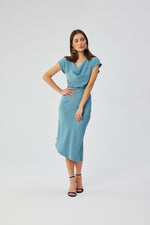 Cocktailkjole / Stylove til dame fra MS StyleHaven, laget av polyester, farge Blå, størrelse s, med short ermer, midi lengde, kjolestil blouson, perfekt til dress