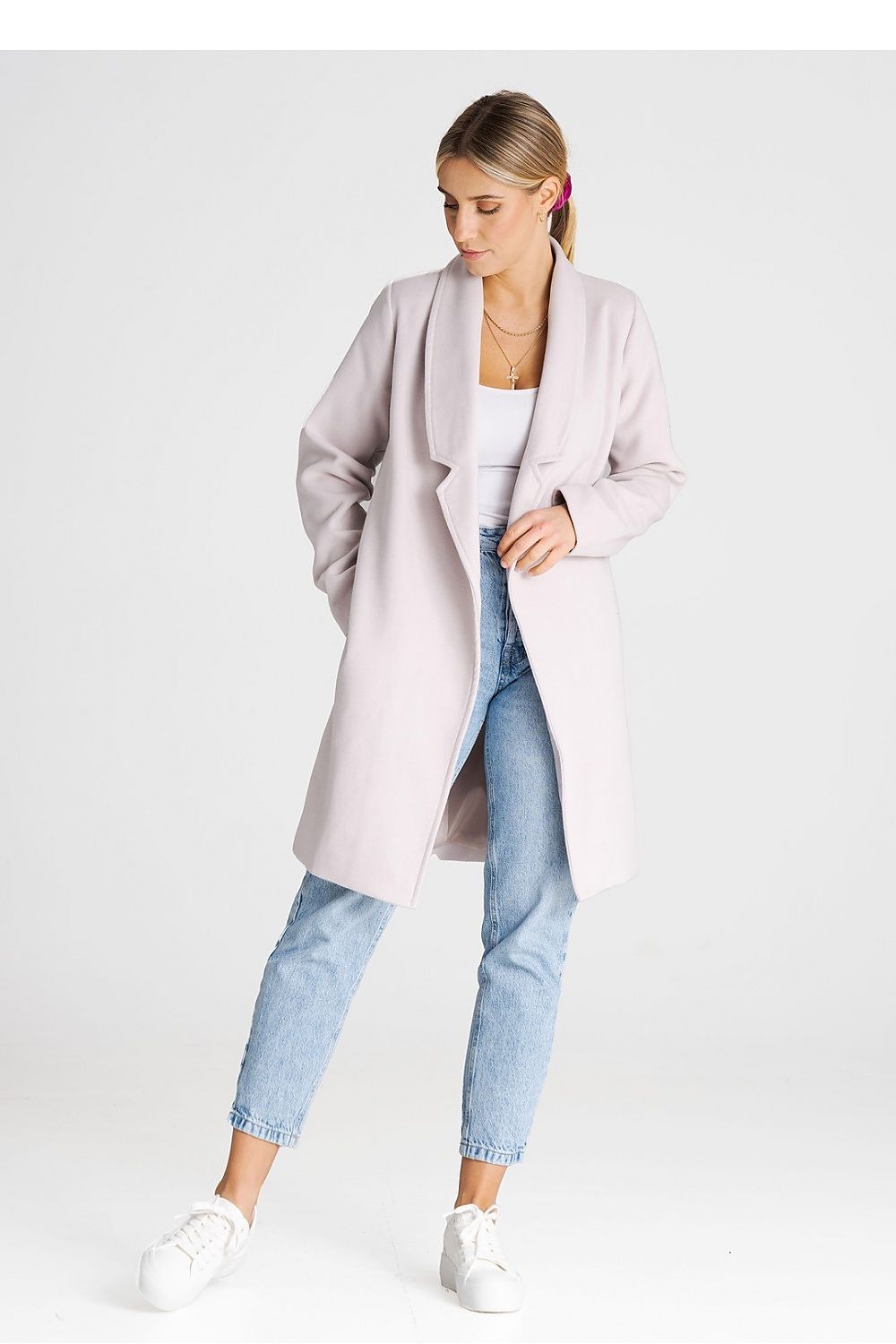 Åpen Frakk Figl til dame fra MS StyleHaven, laget av polyester; Viskose, farge beige, størrelse XS, med long ermer, perfekt til casual; dress