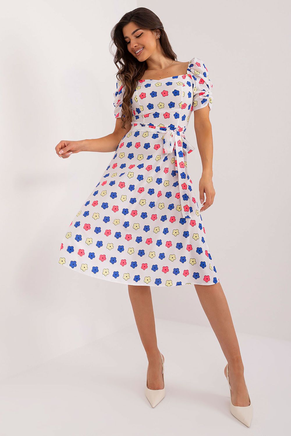 Lakerta sommer-kjole med puffermer til dame fra MS StyleHaven, laget av polyester; Viskose, farge Hvit, størrelse 38, med short ermer, perfekt til casual; dress