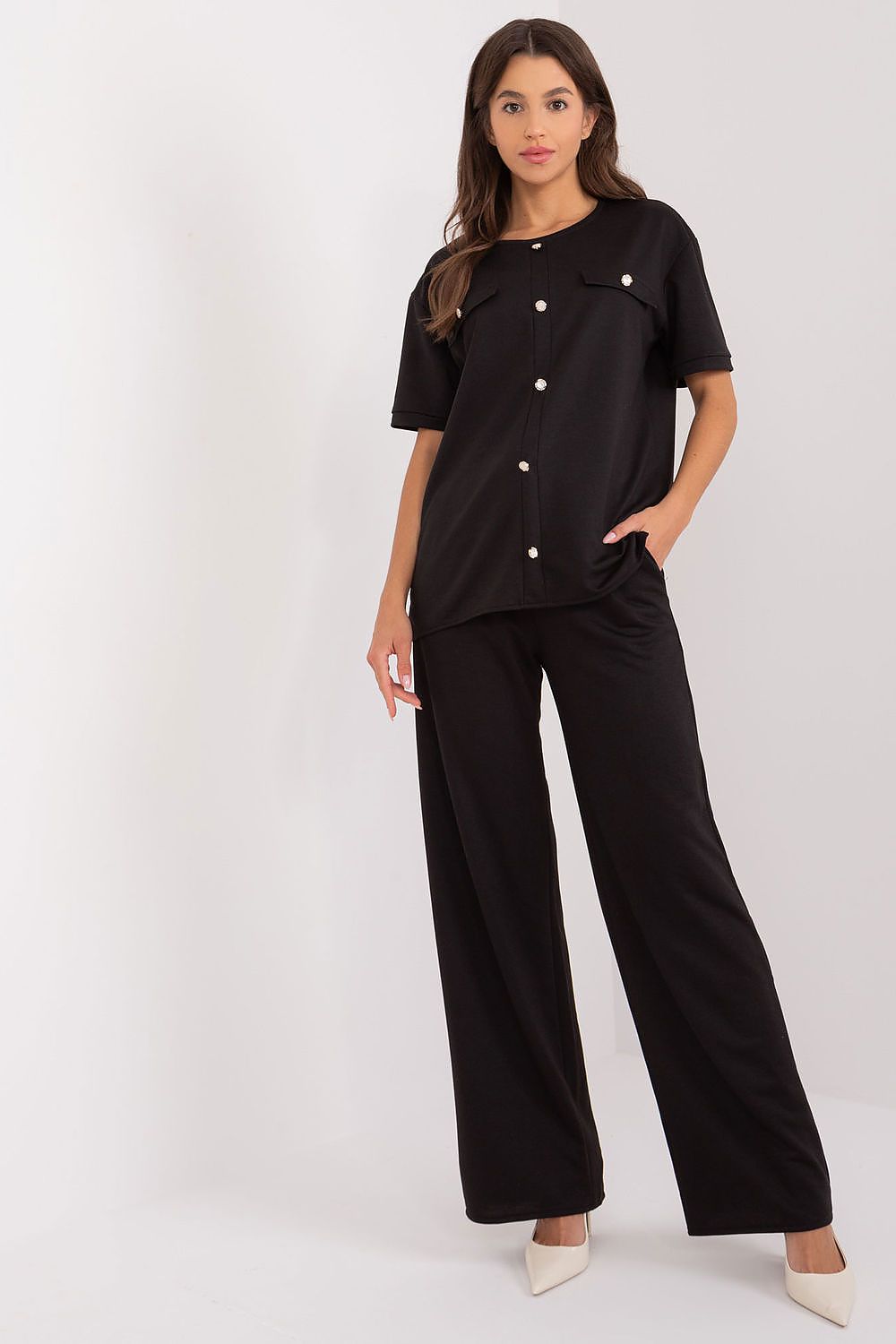 Lakerta damesett med bluse og bukser med knytemidje til dame fra MS StyleHaven, laget av Bomull; Elastan-1, farge Svart, størrelse S/M, med long ermer, perfekt til casual; dress