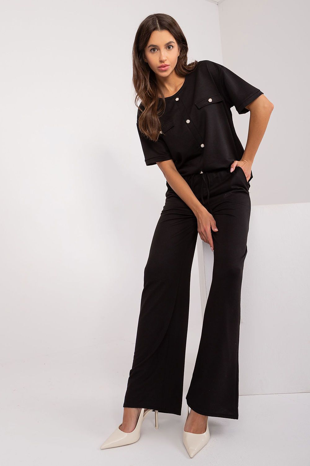 Lakerta damesett med bluse og bukser med knytemidje til dame fra MS StyleHaven, laget av Bomull; Elastan-1, farge Hvit, størrelse S/M, med long ermer, perfekt til casual; dress