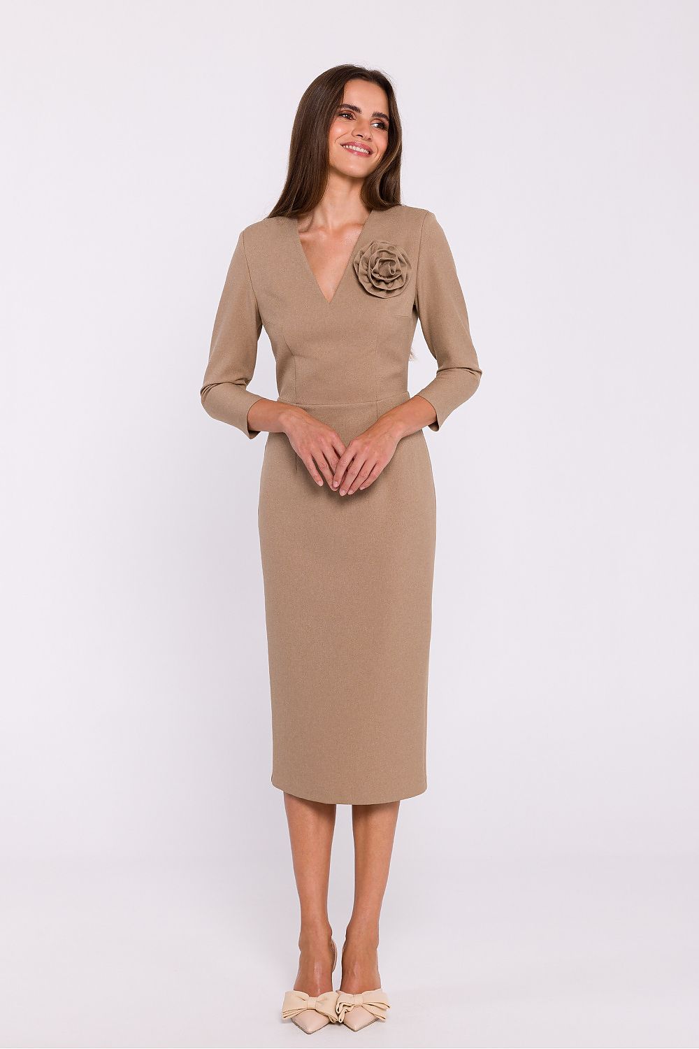 Dagkjole Stylove til dame fra MS StyleHaven, laget av polyester, farge beige, størrelse L, med 3-4; long ermer, perfekt til dress