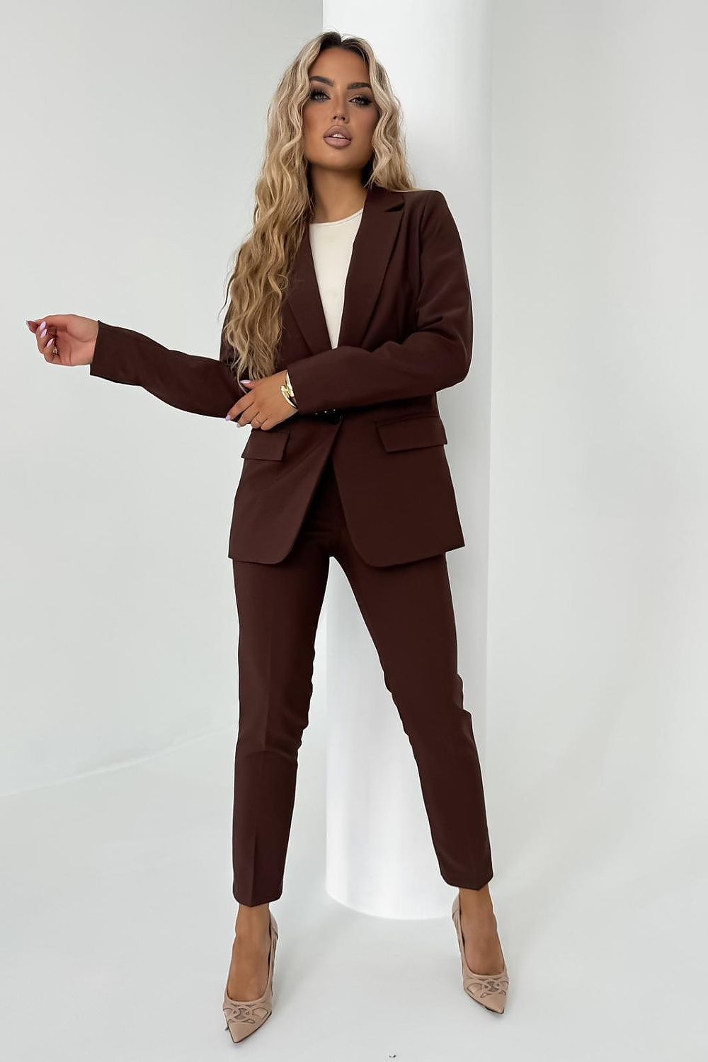 Blazer - Cabba til dame fra MS StyleHaven, laget av Bomull; polyester, farge Brun, størrelse 36, med long ermer, perfekt til casual; dress