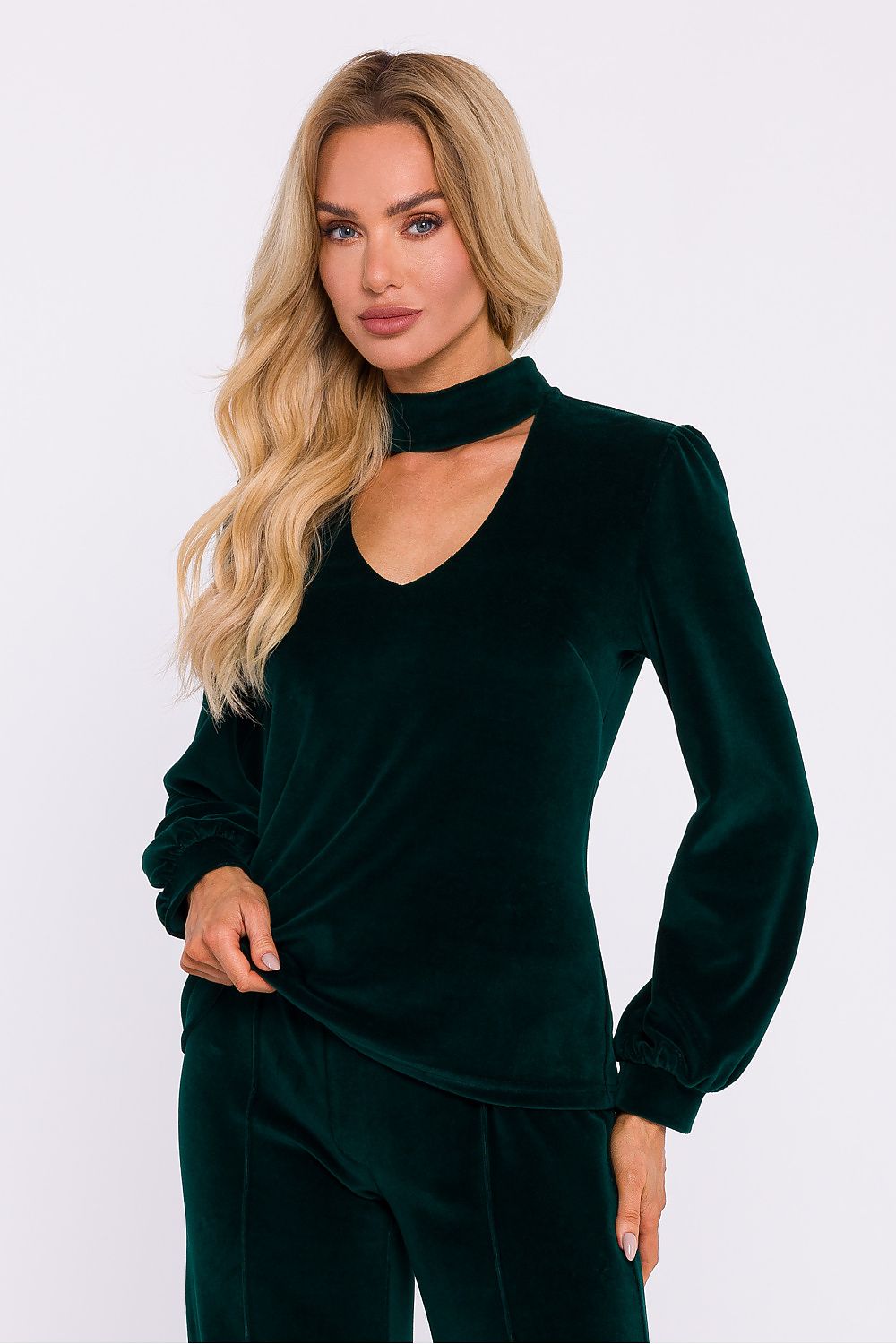 Mørk Velour Bluse - Moe til dame fra MS StyleHaven, laget av Velur, farge Grønn, størrelse s, med long ermer, perfekt til dress