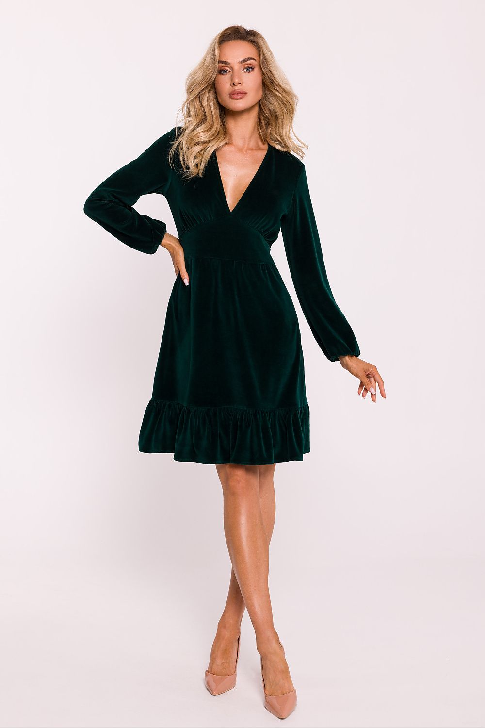 Side Zipper Dagkjole - Moe til dame fra MS StyleHaven, laget av Bomull; polyester; Velur, farge Grønn, størrelse s, med long ermer, midi; knee lengde, kjolestil flared, perfekt til dress