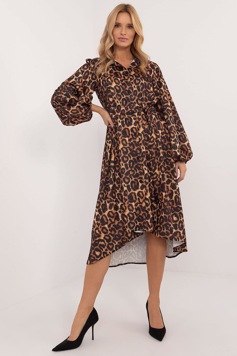 Wild Charm – Lakerta Skjortekjole til dame fra MS StyleHaven, laget av Viskose; polyester, farge Brun, størrelse S/M, med long ermer, midi lengde, kjolestil shirt, perfekt til casual; dress