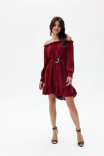 Lett trapesekjole med spansk utringning og volangkant - Roco Fashion fra MS StyleHaven, størrelse L/XL, med long, bukselengde long, kjolelengde midi; knee, kjolestil a-line