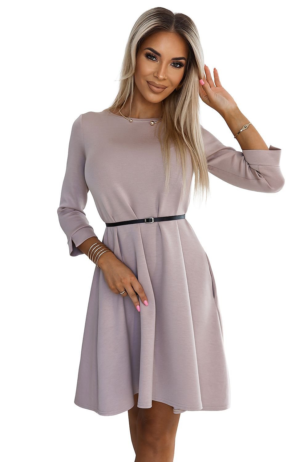 Uanstrengt dagskjole til dame fra MS StyleHaven, laget av polyester; Polyamid, farge beige 3, størrelse S/M, med 45720 ermer, midi lengde, kjolestil a-line; drop-waist; empire-waist, perfekt til casual; dress