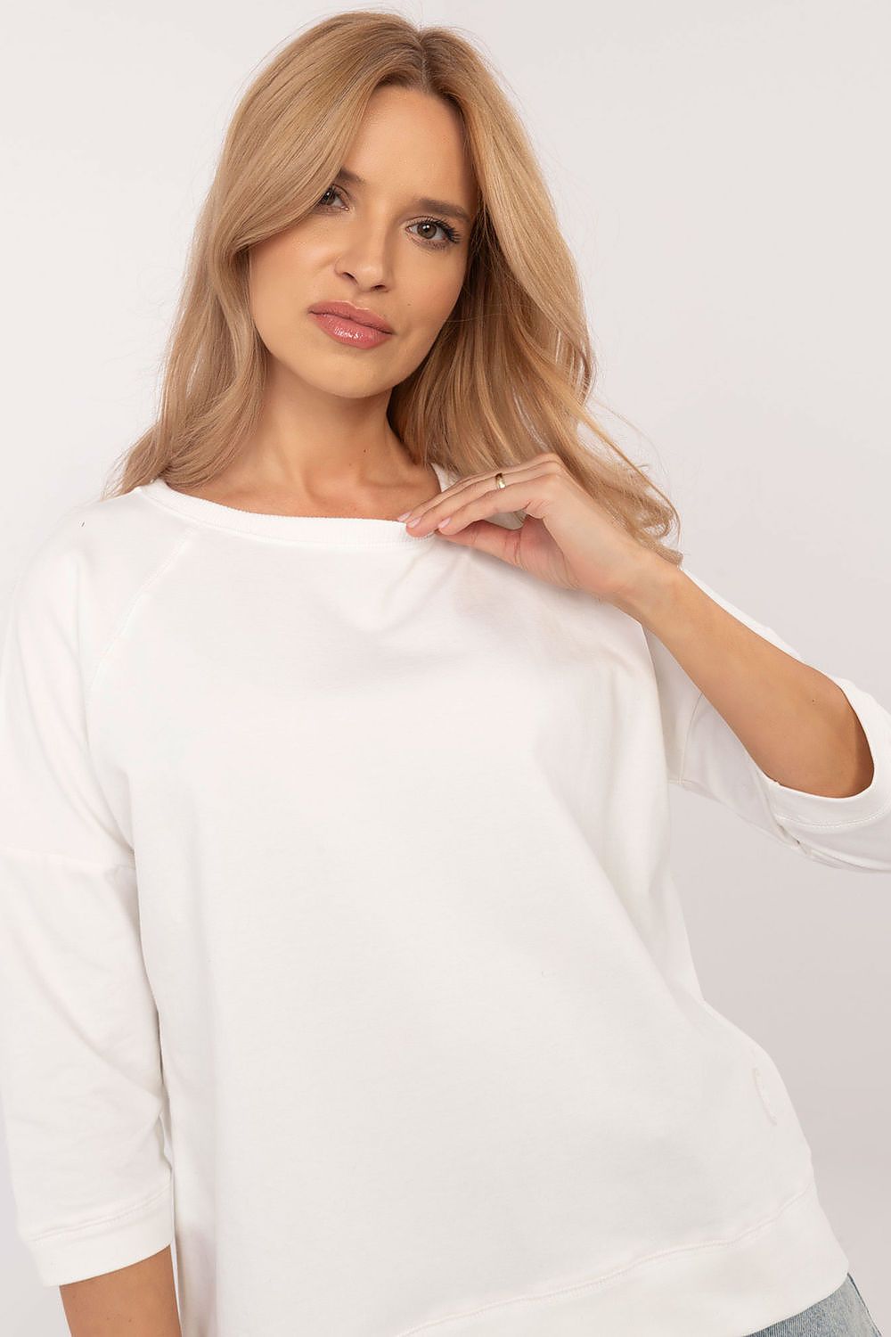 Universal bluse i bomull – 3/4 ermer til dame fra MS StyleHaven, størrelse s, med short, bukselengde long, kjolelengde mini, kjolestil wrap; a-line