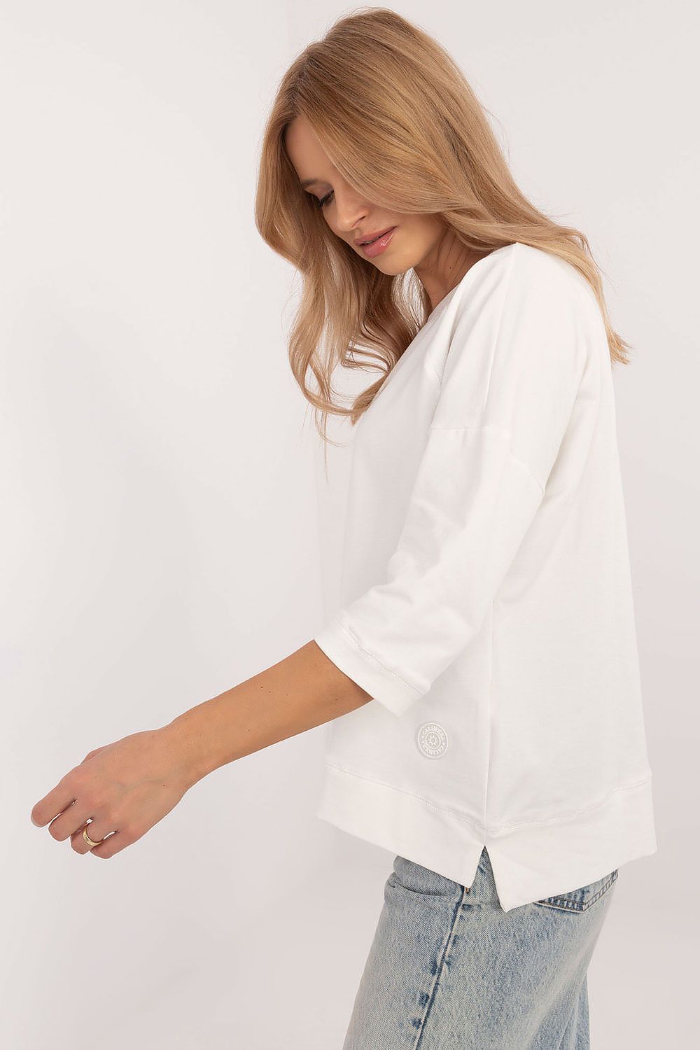 Universal bluse i bomull – 3/4 ermer til dame fra MS StyleHaven, størrelse M, med short, bukselengde long, kjolelengde mini, kjolestil wrap; a-line
