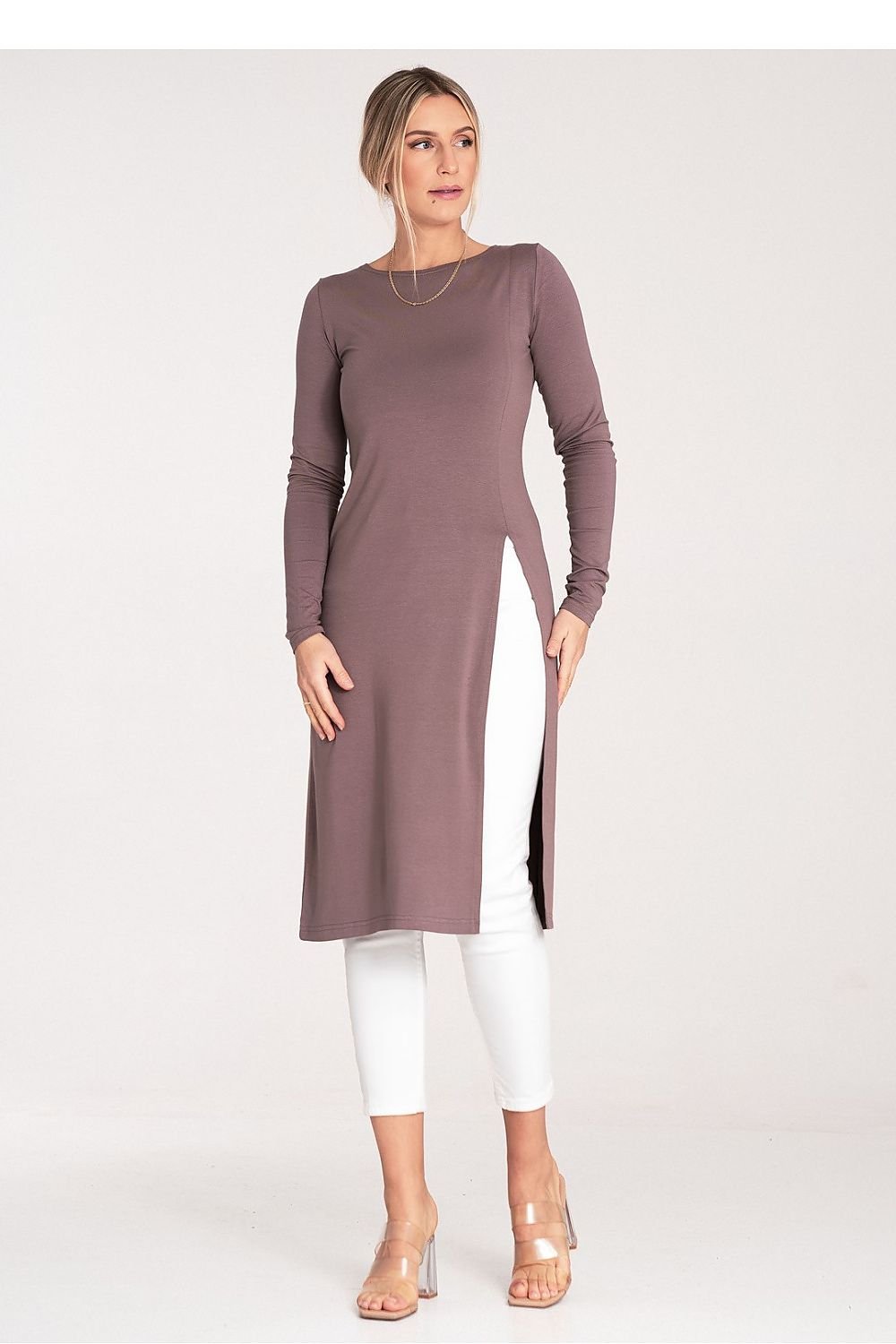 Side Elegance Tunika - Figl til dame fra MS StyleHaven, laget av Elastan; polyester, farge Brun, størrelse S, med long ermer, perfekt til casual; dress