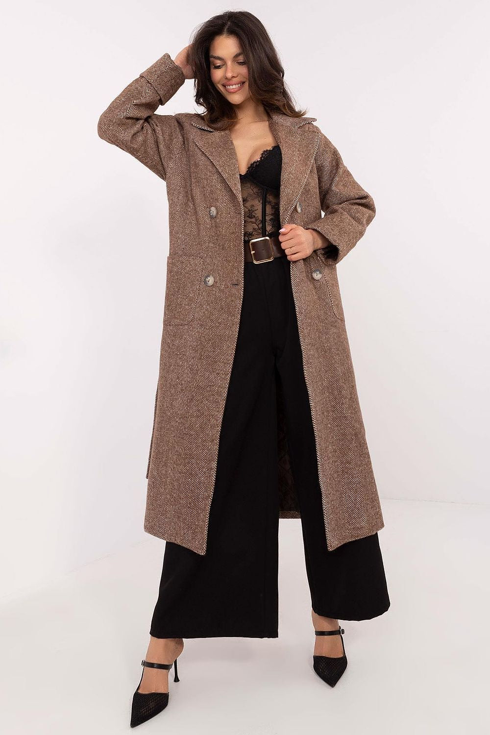 Lakerta Ullkåpe til dame til dame fra MS StyleHaven, laget av Ull; polyester, farge Brun, størrelse L/XL, med long ermer, perfekt til casual; dress