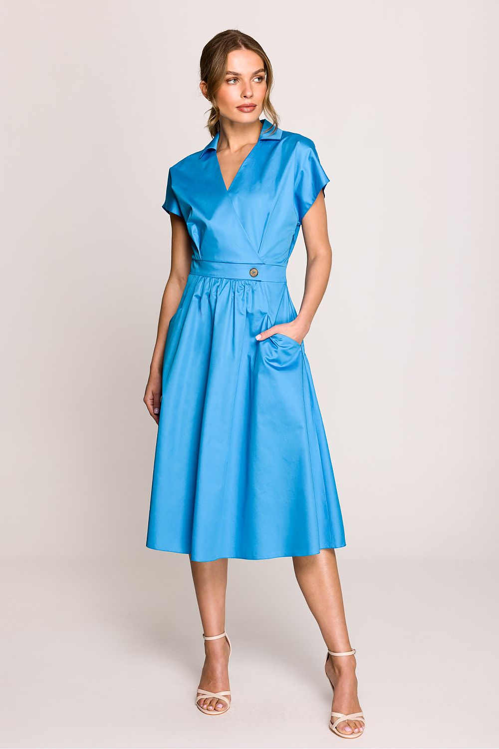 Dagkjole Stylove til dame fra MS StyleHaven, laget av Bomull, farge Blå, størrelse s, med short ermer, midi lengde, kjolestil shirt, perfekt til casual; dress