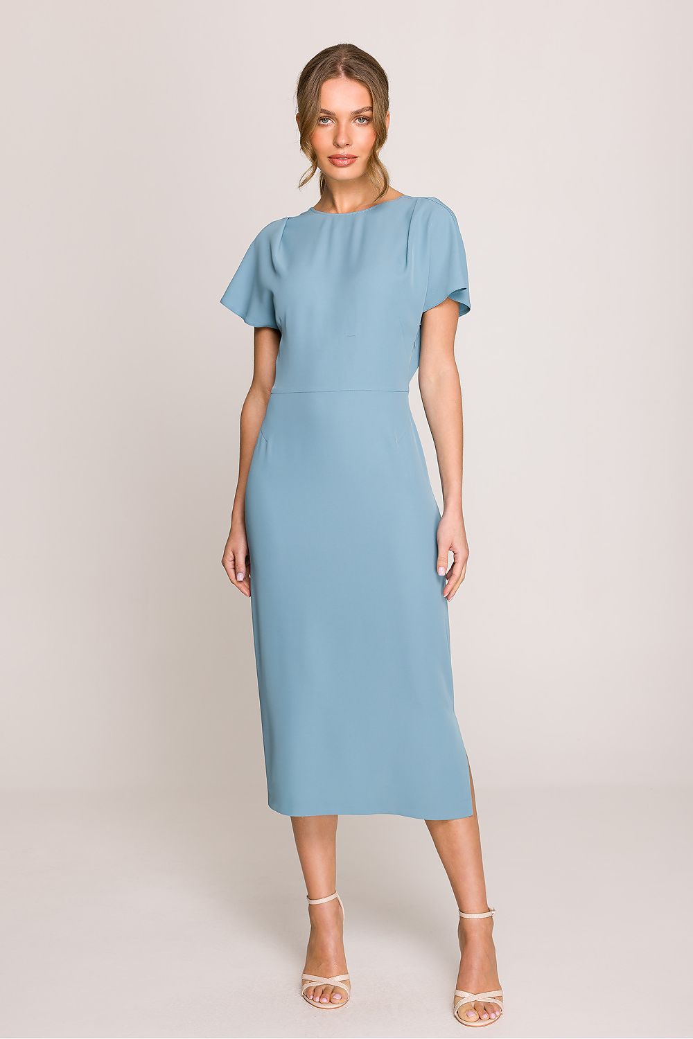 Dagkjole Stylove til dame fra MS StyleHaven, laget av polyester; Elastan-1, farge Blå, størrelse s, med short ermer, midi lengde, kjolestil sheath; a-line, perfekt til casual; dress
