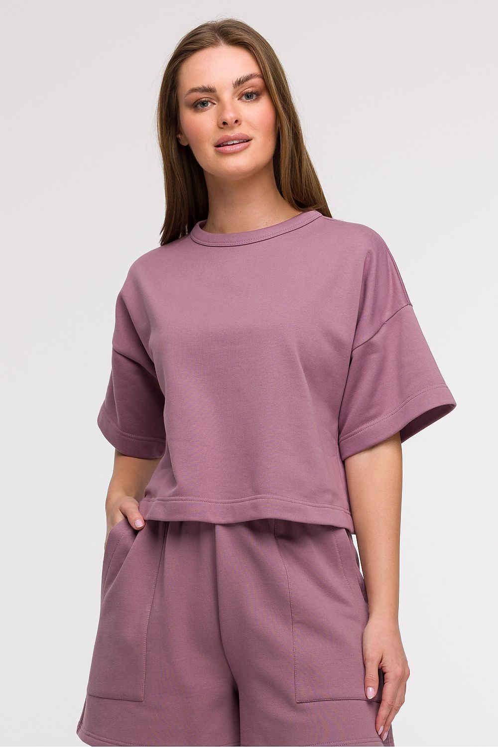 BeWear Loose Cropped Bluse til dame fra MS StyleHaven, laget av Bomull; polyester, farge Fiolett, størrelse S/M, med short ermer, perfekt til casual; dress