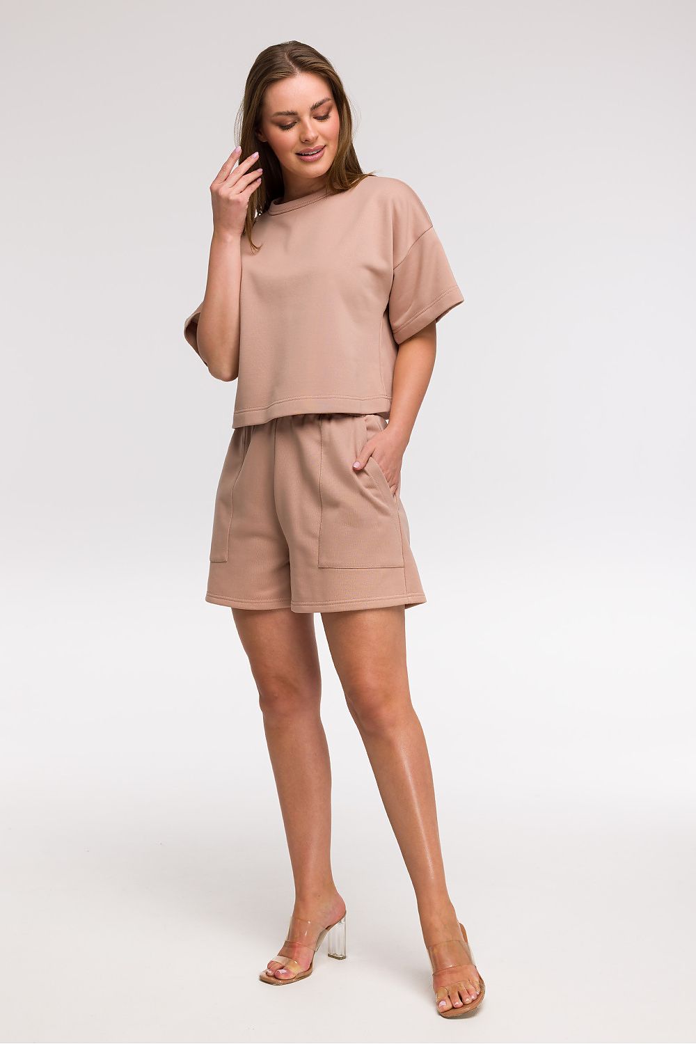 BeWear Loose Cropped Bluse til dame fra MS StyleHaven, laget av Bomull; polyester, farge beige 2, størrelse L/XL, med short ermer, perfekt til casual; dress