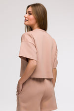 BeWear Loose Cropped Bluse til dame fra MS StyleHaven, laget av Bomull; polyester, farge beige 2, størrelse 2XL/3XL, med short ermer, perfekt til casual; dress