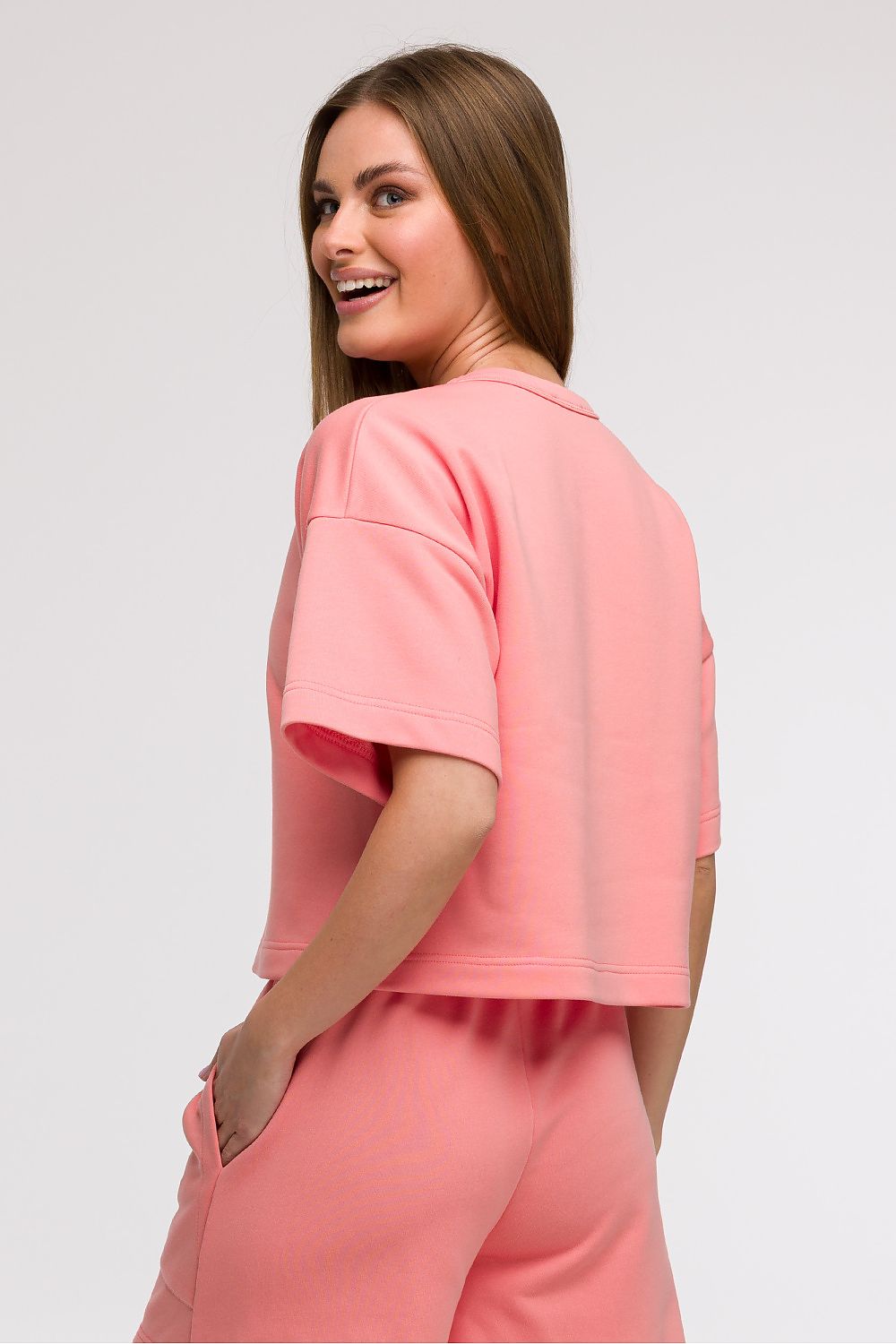 BeWear Loose Cropped Bluse til dame fra MS StyleHaven, laget av Bomull; polyester, farge Rosa, størrelse 2XL/3XL, med short ermer, perfekt til casual; dress