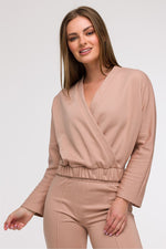 BeWear bluse i omslagsstil med flatterende passform til dame fra MS StyleHaven, laget av Bomull; polyester, farge beige, størrelse L, med long ermer, perfekt til casual; dress