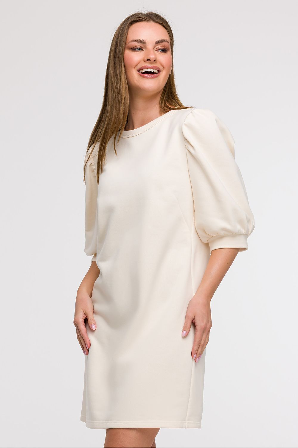Løs Dagskjole - BeWear til dame fra MS StyleHaven, laget av Bomull; polyester, farge beige, størrelse S/M, med 45720 ermer, knee lengde, kjolestil a-line, perfekt til dress