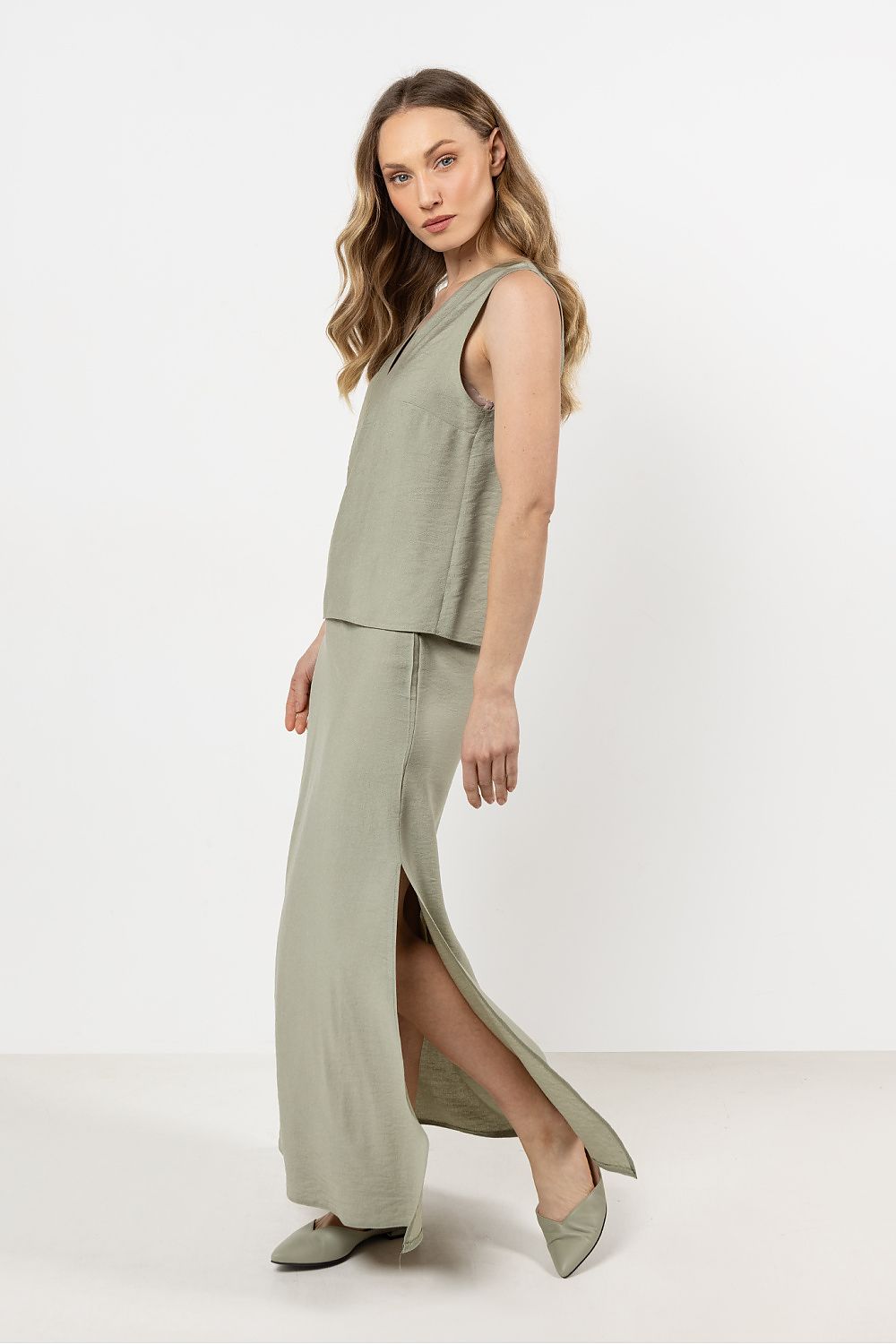 Langt skjørt awama til dame fra MS StyleHaven, laget av Bomull, farge Grønn, størrelse M, med short ermer, perfekt til casual; dress
