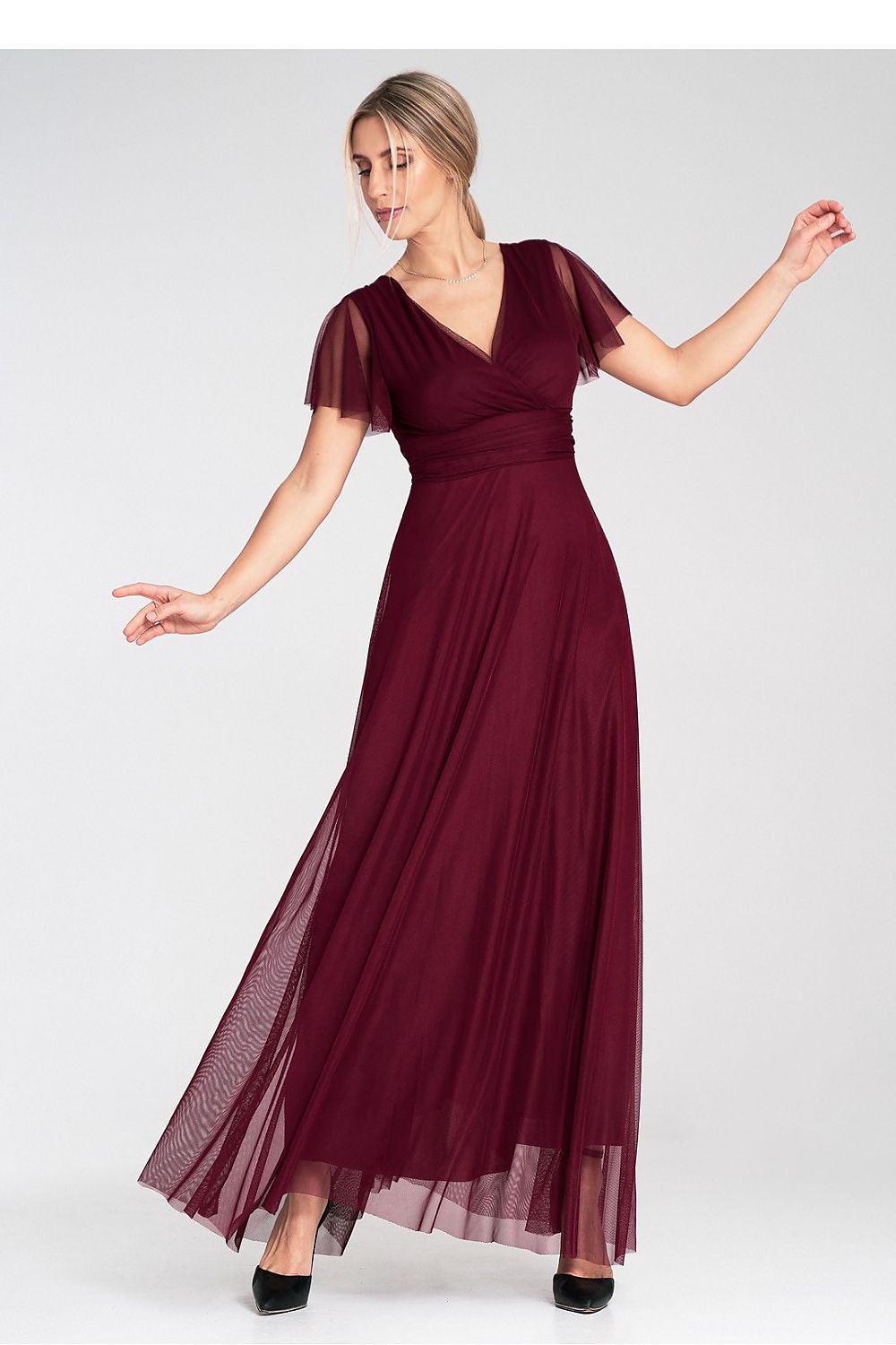 Lang kjole Figl til dame fra MS StyleHaven, laget av polyester; Netting, farge Rød, størrelse S/M, med short ermer, midi lengde, kjolestil sheath, perfekt til dress