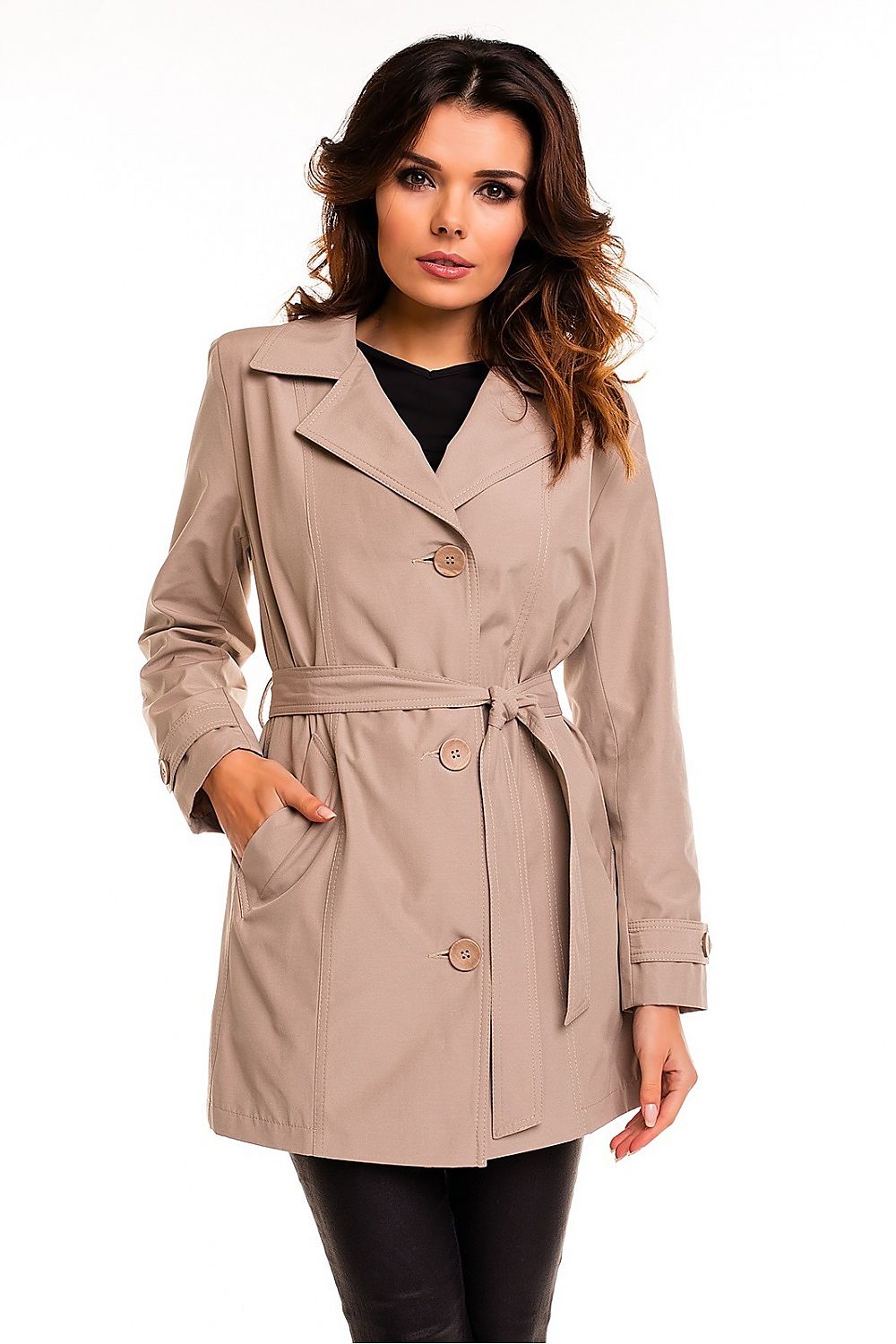 Klassisk, fôret bomullstrench Frakk til dame - Cabba til dame fra MS StyleHaven, laget av Bomull; polyester, farge beige, størrelse 36, med long ermer, perfekt til casual; dress