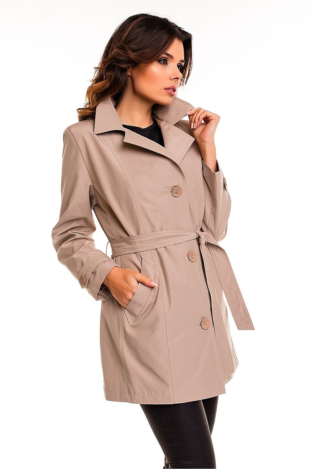 Klassisk, fôret bomullstrench Frakk til dame - Cabba til dame fra MS StyleHaven, laget av Bomull; polyester, farge beige, størrelse 38, med long ermer, perfekt til casual; dress