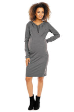 Graviditetskjole med hette fra PeeKaBoo til dame fra MS StyleHaven, laget av Elastan; Bomull, farge Grå, størrelse M, med long ermer, perfekt til casual; dress