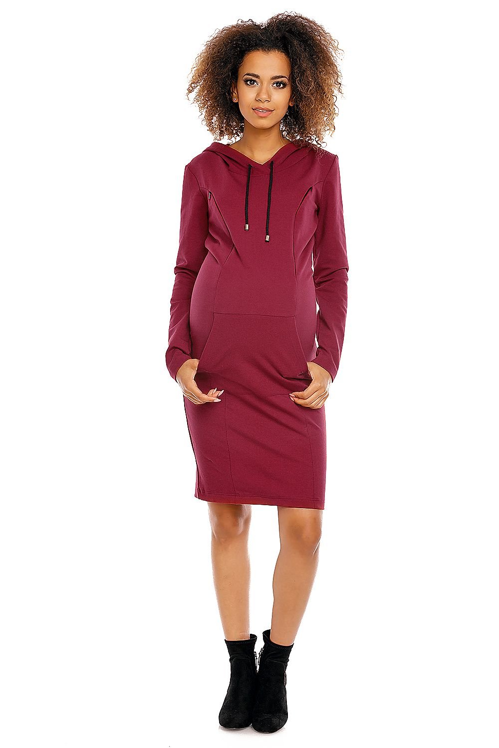 Graviditetskjole med hette fra PeeKaBoo til dame fra MS StyleHaven, laget av Elastan; Bomull, farge Rød, størrelse L, med long ermer, perfekt til casual; dress