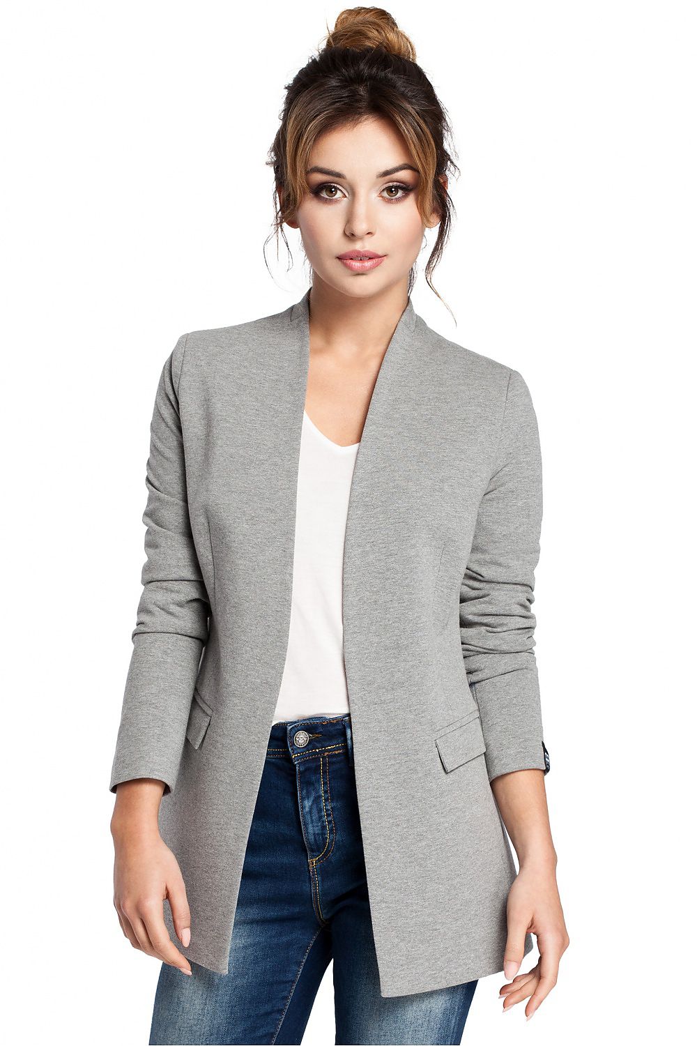 BeWear Elegant Cotton Knit Jacket til dame fra MS StyleHaven, laget av Bomull, farge Grå, størrelse s, med long ermer, perfekt til dress