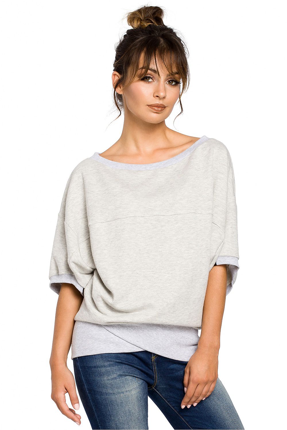 Ribbete genser i skjønnhetsstørrelse - BeWear til dame fra MS StyleHaven, laget av Bomull; polyester, farge Grå, størrelse S/M, med long ermer, perfekt til dress