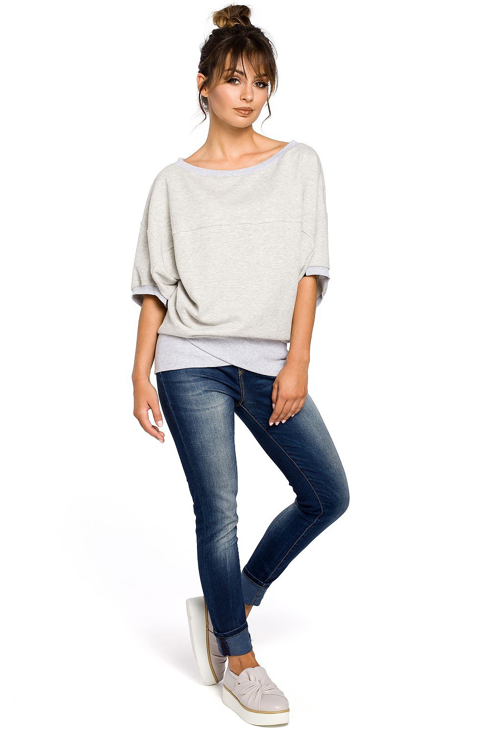 Ribbete genser i skjønnhetsstørrelse - BeWear til dame fra MS StyleHaven, laget av Bomull; polyester, farge Grå, størrelse L/XL, med long ermer, perfekt til dress