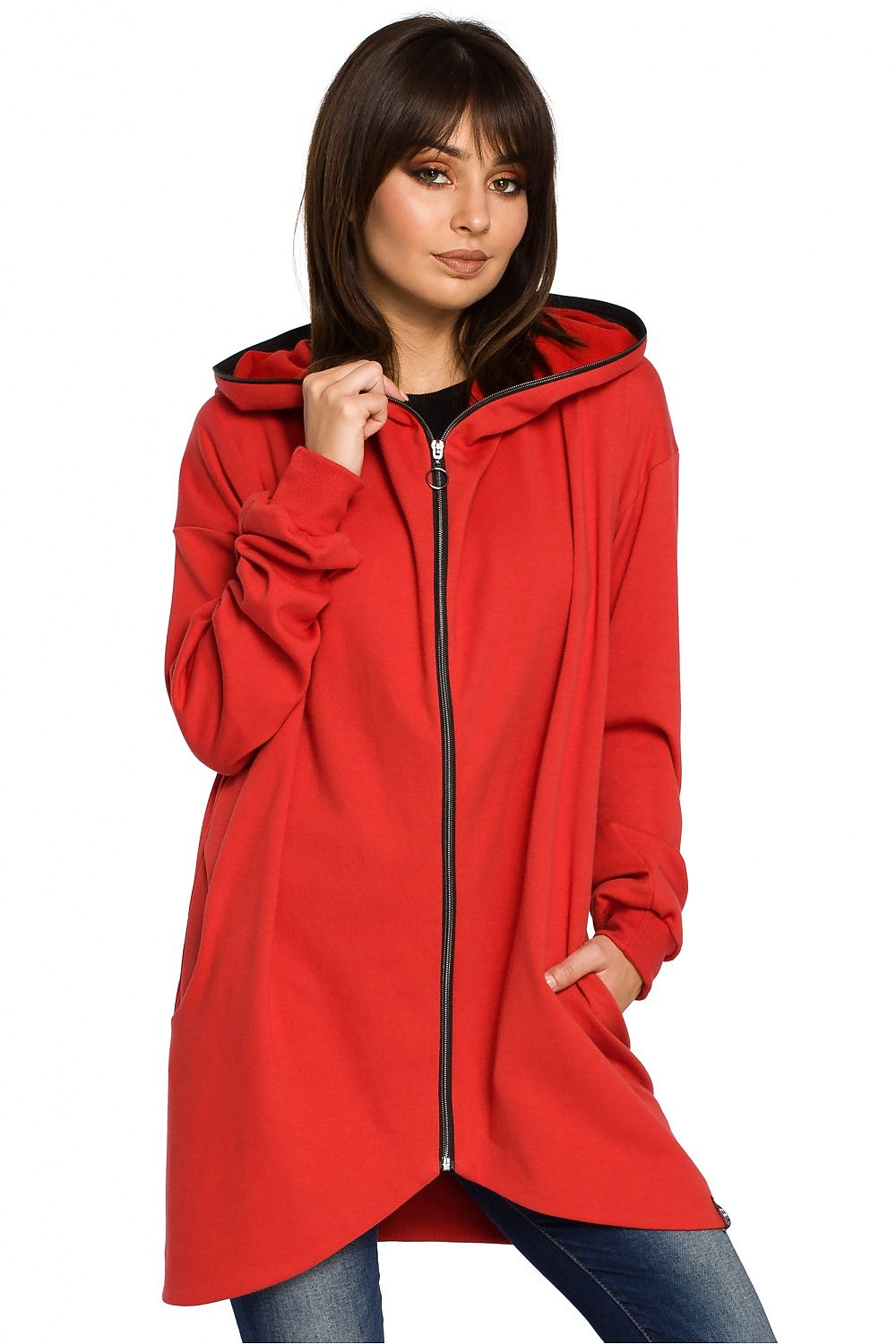 beauty Størrelse Hette-genser med glidelås fra BeWear til dame fra MS StyleHaven, laget av Viskose; Bomull; polyester, farge Rød, størrelse S/M, med long ermer, perfekt til dress